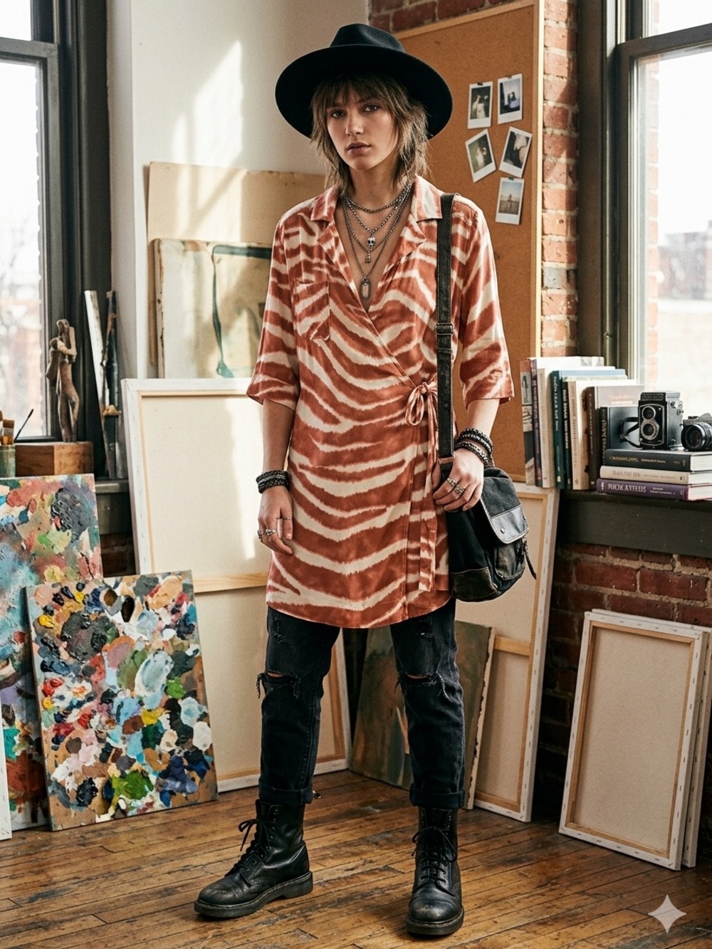 Pistola - M, rust and cream striped wrap midi dress